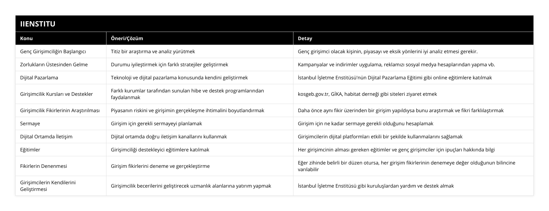 Genç Girişimciliğin Başlangıcı, Titiz bir araştırma ve analiz yürütmek, Genç girişimci olacak kişinin, piyasayı ve eksik yönlerini iyi analiz etmesi gerekir, Zorlukların Üstesinden Gelme, Durumu iyileştirmek için farklı stratejiler geliştirmek, Kampanyalar ve indirimler uygulama, reklamızı sosyal medya hesaplarından yapma vb, Dijital Pazarlama, Teknoloji ve dijital pazarlama konusunda kendini geliştirmek, İstanbul İşletme Enstitüsü'nün Dijital Pazarlama Eğitimi gibi online eğitimlere katılmak, Girişimcilik Kursları ve Destekler, Farklı kurumlar tarafından sunulan hibe ve destek programlarından faydalanmak, kosgebgovtr, GİKA, habitat derneği gibi siteleri ziyaret etmek, Girişimcilik Fikirlerinin Araştırılması, Piyasanın riskini ve girişimin gerçekleşme ihtimalini boyutlandırmak, Daha önce aynı fikir üzerinden bir girişim yapıldıysa bunu araştırmak ve fikri farklılaştırmak, Sermaye, Girişim için gerekli sermayeyi planlamak, Girişim için ne kadar sermaye gerekli olduğunu hesaplamak, Dijital Ortamda İletişim, Dijital ortamda doğru iletişim kanallarını kullanmak, Girişimcilerin dijital platformları etkili bir şekilde kullanmalarını sağlamak, Eğitimler, Girişimciliği destekleyici eğitimlere katılmak, Her girişimcinin alması gereken eğitimler ve genç girişimciler için ipuçları hakkında bilgi, Fikirlerin Denenmesi, Girişim fikirlerini deneme ve gerçekleştirme, Eğer zihinde belirli bir düzen otursa, her girişim fikirlerinin denemeye değer olduğunun bilincine varılabilir, Girişimcilerin Kendilerini Geliştirmesi, Girişimcilik becerilerini geliştirecek uzmanlık alanlarına yatırım yapmak, İstanbul İşletme Enstitüsü gibi kuruluşlardan yardım ve destek almak