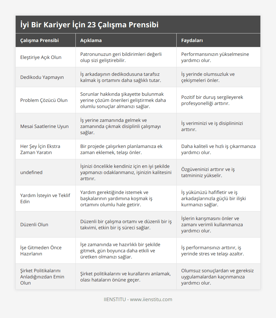 Eleştiriye Açık Olun, Patronunuzun geri bildirimleri değerli olup sizi geliştirebilir, Performansınızın yükselmesine yardımcı olur, Dedikodu Yapmayın, İş arkadaşının dedikodusuna tarafsız kalmak iş ortamını daha sağlıklı tutar, İş yerinde olumsuzluk ve çekişmeleri önler, Problem Çözücü Olun, Sorunlar hakkında şikayette bulunmak yerine çözüm önerileri geliştirmek daha olumlu sonuçlar almanızı sağlar, Pozitif bir duruş sergileyerek profesyonelliği arttırır, Mesai Saatlerine Uyun, İş yerine zamanında gelmek ve zamanında çıkmak disiplinli çalışmayı sağlar, İş veriminizi ve iş disiplininizi arttırır, Her Şey İçin Ekstra Zaman Yaratın, Bir projede çalışırken planlamanıza ek zaman eklemek, telaşı önler, Daha kaliteli ve hızlı iş çıkarmanıza yardımcı olur, Her Zaman Elinizden Gelenin En İyisini Yapın, İşinizi öncelikle kendiniz için en iyi şekilde yapmanızı odaklanmanız, işinizin kalitesini arttırır, Özgüveninizi arttırır ve iş tatmininiz yükselir, Yardım İsteyin ve Teklif Edin, Yardım gerektiğinde istemek ve başkalarının yardımına koşmak iş ortamını olumlu hale getirir, İş yükünüzü hafifletir ve iş arkadaşlarınızla güçlü bir ilişki kurmanızı sağlar, Düzenli Olun, Düzenli bir çalışma ortamı ve düzenli bir iş takvimi, etkin bir iş süreci sağlar, İşlerin karışmasını önler ve zamanı verimli kullanmanıza yardımcı olur, İşe Gitmeden Önce Hazırlanın, İşe zamanında ve hazırlıklı bir şekilde gitmek, gün boyunca daha etkili ve üretken olmanızı sağlar, İş performansınızı arttırır, iş yerinde stres ve telaşı azaltır, Şirket Politikalarını Anladığınızdan Emin Olun, Şirket politikalarını ve kurallarını anlamak, olası hataların önüne geçer, Olumsuz sonuçlardan ve gereksiz uygulamalardan kaçınmanıza yardımcı olur