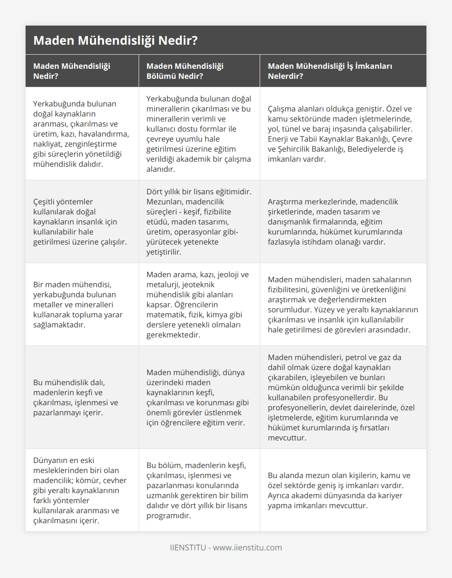 Yerkabuğunda bulunan doğal kaynakların aranması, çıkarılması ve üretim, kazı, havalandırma, nakliyat, zenginleştirme gibi süreçlerin yönetildiği mühendislik dalıdır, Yerkabuğunda bulunan doğal minerallerin çıkarılması ve bu minerallerin verimli ve kullanıcı dostu formlar ile çevreye uyumlu hale getirilmesi üzerine eğitim verildiği akademik bir çalışma alanıdır, Çalışma alanları oldukça geniştir Özel ve kamu sektöründe maden işletmelerinde, yol, tünel ve baraj inşasında çalışabilirler Enerji ve Tabii Kaynaklar Bakanlığı, Çevre ve Şehircilik Bakanlığı, Belediyelerde iş imkanları vardır, Çeşitli yöntemler kullanılarak doğal kaynakların insanlık için kullanılabilir hale getirilmesi üzerine çalışılır, Dört yıllık bir lisans eğitimidir Mezunları, madencilik süreçleri - keşif, fizibilite etüdü, maden tasarımı, üretim, operasyonlar gibi- yürütecek yetenekte yetiştirilir, Araştırma merkezlerinde, madencilik şirketlerinde, maden tasarım ve danışmanlık firmalarında, eğitim kurumlarında, hükümet kurumlarında fazlasıyla istihdam olanağı vardır, Bir maden mühendisi, yerkabuğunda bulunan metaller ve mineralleri kullanarak topluma yarar sağlamaktadır, Maden arama, kazı, jeoloji ve metalurji, jeoteknik mühendislik gibi alanları kapsar Öğrencilerin matematik, fizik, kimya gibi derslere yetenekli olmaları gerekmektedir, Maden mühendisleri, maden sahalarının fizibilitesini, güvenliğini ve üretkenliğini araştırmak ve değerlendirmekten sorumludur Yüzey ve yeraltı kaynaklarının çıkarılması ve insanlık için kullanılabilir hale getirilmesi de görevleri arasındadır, Bu mühendislik dalı, madenlerin keşfi ve çıkarılması, işlenmesi ve pazarlanmayı içerir, Maden mühendisliği, dünya üzerindeki maden kaynaklarının keşfi, çıkarılması ve korunması gibi önemli görevler üstlenmek için öğrencilere eğitim verir, Maden mühendisleri, petrol ve gaz da dahil olmak üzere doğal kaynakları çıkarabilen, işleyebilen ve bunları mümkün olduğunca verimli bir şekilde kullanabilen profesyonellerdir Bu profesyonellerin, devlet dairelerinde, özel işletmelerde, eğitim kurumlarında ve hükümet kurumlarında iş fırsatları mevcuttur, Dünyanın en eski mesleklerinden biri olan madencilik; kömür, cevher gibi yeraltı kaynaklarının farklı yöntemler kullanılarak aranması ve çıkarılmasını içerir, Bu bölüm, madenlerin keşfi, çıkarılması, işlenmesi ve pazarlanması konularında uzmanlık gerektiren bir bilim dalıdır ve dört yıllık bir lisans programıdır, Bu alanda mezun olan kişilerin, kamu ve özel sektörde geniş iş imkanları vardır Ayrıca akademi dünyasında da kariyer yapma imkanları mevcuttur