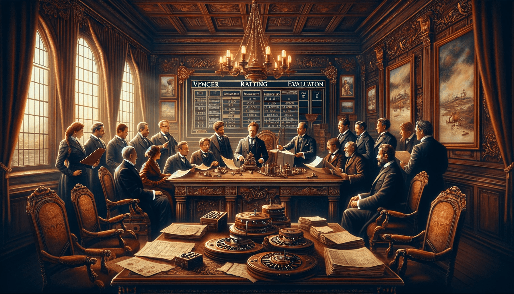This image captures a corporate scene, reminiscent of a bygone era, focused on vendor rating and evaluation. The setting is an elegantly furnished office, adorned with ornate wooden furniture and rich draperies. Diverse professionals, dressed in period-appropriate attire from various cultures, are seen gathered around a large, intricately carved table. They are examining parchment documents and early mechanical calculators. The walls are decorated with framed charts and maps, showcasing vendor routes and performance metrics. The entire scene is bathed in warm, ambient candlelight, infusing a historical and artistic charm into the depiction of a concept typically associated with modern business practices.