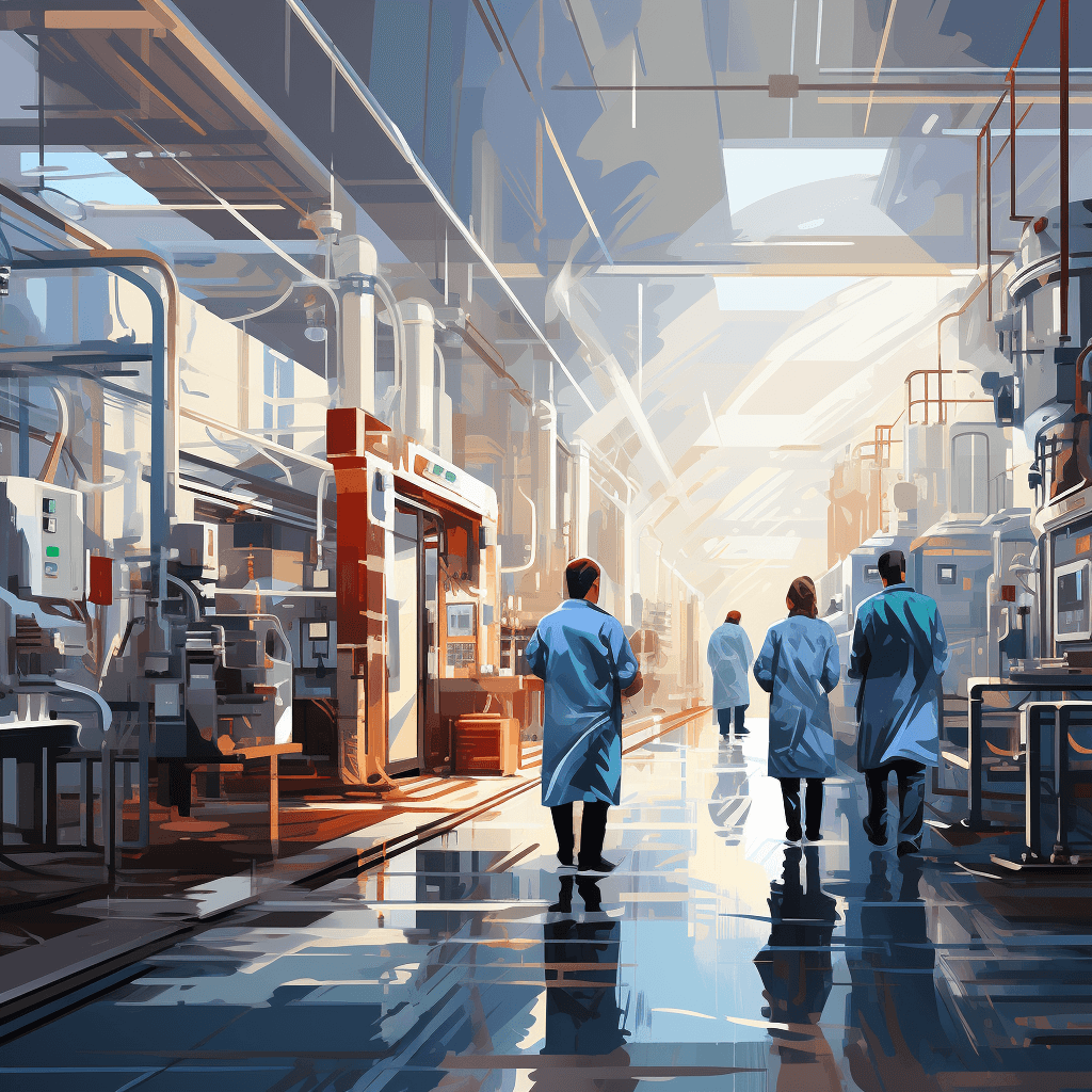 The painting depicts three scientists in a modern laboratory. The scientists are wearing lab coats and safety goggles. The laboratory is brightly lit and there are many machines and pieces of equipment visible. The scientists are walking towards a large door at the end of the laboratory.