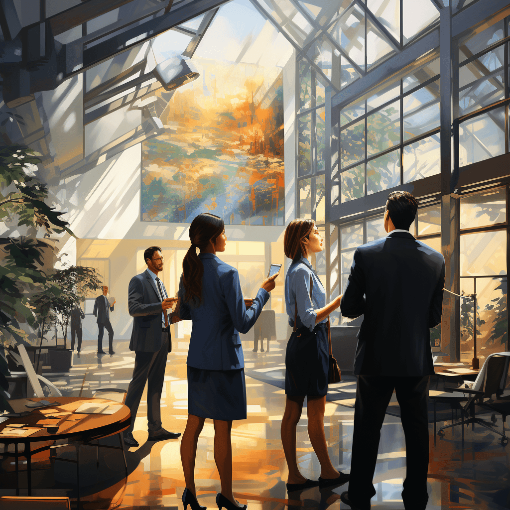 The painting depicts a group of business professionals in a modern office space. The professionals are wearing business suits and are engaged in conversation. The office space is brightly lit and there are many plants and pieces of modern furniture visible. The professionals are standing in front of a large painting.