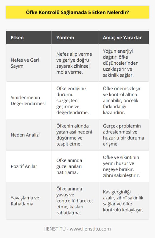Öfke Kontrolü Sağlamada 5 Etken1. Nefes Al, Nefes Ver, Geriye Doğru SayÖfkelendiğiniz anlarda nefes alıp vermeye dikkat ederek, geriye doğru sayarak zihninizde bir mola verin. Bu teknik, o anki yoğun enerjinizi dağıtarak sizi daha sakin bir konuma getirir. Ayrıca geriye doğru sayma işlemi beyne odağı değiştirerek öfke düşüncelerinden uzaklaştırır.2. Gerçekten Sinirlenmeme Değer mi?Öfkelendiğiniz durumları bir süzgeçten geçirerek, gerçekten sinirlenmeye değer mi diye düşünün. İçinden geçtiğiniz durum belki de yaşamınızdaki öncelik liştesinde son sıradadır ve asıl dikkat etmeniz gereken alanlar başkalarıdır. Bu düşünceyle öfkeyi önemsemez hale getirip, kontrol altına alabilirsiniz.3. Öfkenizin Altında Yatan Nedeni DüşününÖfkenin altında genellikle başka sebepler bulunur. Belki de derinlerde kalan bir sıkıntı ya da stres etkiye sebep oluyor ve yaşadığınız olay aslında tetikleyici, ama kesin neden değildir. Bu yüzden öfkenizin ana sebebini tespit etmek ve onunla ilgilenmek sizi daha huzurlu kılacaktır.4. Güzel Anlarınızı DüşününÖfke anında zihninizi kontrol altında tutabilmek için güzel anılarınızı hatırlayarak, o pozitif duyguları yaşantıya döndürebilirsiniz. Bu sayede, öfke ve sıkıntının yerini huzur ve neşe alacaktır. Bu sebeple, öfke anlarınızda sevdiklerinizle yaşadığınız mutlu zamanları gözünüzün önünde canlandırarak kendinizi sakinleştirin.5. Yavaşlayın ve RahatlayınÖfke anında durup, telaşlı hareketler yapmak yerine yavaş ve kontrollü hareket etmeye özen gösterin. Bu noktada, omuzlarınızı, kollarınızı ve başınızı rahatlatarak, kaslarınızdaki gerginliğin azalmasına yardımcı olun. Yavaş ve rahat hareket etmek, zihninizin de aynı şekilde sakinleşmesine ve öfkenin kontrol altına alınmasına yardımcı olacaktır.Sonuç olarak, öfke kontrolünde başarılı olmak için bu beş etkeni uygulamayı öğrenmek ve sürekli pratik yapmak, duygularınızı daha iyi yönetmenize ve daha sağlıklı ilişkiler kurmanıza yardımcı olacaktır. Başarılı öfke yönetimi, yaşam kalitenizi artırırken stres seviyenizi de düşüren önemli bir bileşendir.