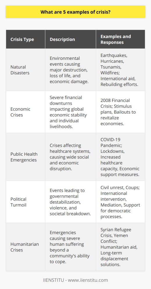 In our world, crises come in many forms, substantially impacting human lives, the environment, and global affairs. Understanding these crises helps in preparing for and mitigating their effects. Here are five notable examples:1. Natural Disasters: Catastrophic events that are primarily caused by environmental factors can have devastating effects. Earthquakes, for instance, can topple buildings and infrastructure within moments, leading to immediate loss of life and long-term economic repercussions. Hurricanes and tsunamis carry the dual threat of violent winds and flooding, causing large-scale evacuations, and displacements. Wildfires, exacerbated by climate change, ravage extensive areas of forestation, destroy homes, and adversely affect air quality. Recovery from such disasters usually requires significant international aid and years of rebuilding efforts.2. Economic Crises: Economies can experience severe downturns that affect worldwide financial stability. The 2008 Global Financial Crisis, triggered by the collapse of the housing market bubble in the United States, resulted in a credit crunch and subsequent global recession. Such crises lead to high employment rates, reduced consumer confidence, and lower spending, straining both developed and developing economies. Governments often respond by implementing stimulus plans or bailouts to revitalize the economy, with varying degrees of success.3. Public Health Emergencies: Global or regional health crises, such as epidemics or pandemics, can put immense pressure on healthcare systems and have a ripple effect on social and economic structures. The COVID-19 pandemic, beginning in 2019, is a stark example, resulting in worldwide lockdowns, travel restrictions, and a surge in healthcare demand that pushed many systems to the brink of collapse. The consequences carried through various sectors, demonstrating how interconnected public health is with economic stability and social wellbeing.4. Political Turmoil: Political crises like civil unrest, insurrections, and coups can destabilize governments, lead to the suspension of civil liberties, and often incite violence. Such instability can result in a breakdown of societal norms, where the delivery of public services is hindered, and communities are torn apart by opposing political ideologies. These crises can emerge from corruption, lack of democratic processes, or economic dissatisfaction, and often require international intervention or mediation to resolve.5. Humanitarian Crises: These complex emergencies encompass severe human suffering and pose substantial material or logistic challenges, which exceed the affected community's or country's capacity to respond. Situations such as the refugee crisis in Syria, where ongoing conflict has forced millions to flee their homes, create long-term displacement and challenge the international community in providing aid and finding sustainable solutions. Similarly, the conflict in Yemen has resulted in catastrophic living conditions, with widespread famine and disease outbreaks, necessitating a significant humanitarian response.Each type of crisis requires a tailored response and global cooperation. Entities such as IIENSTITU may offer resources, crisis management training, or insight into such multifaceted issues to prepare individuals and organizations to effectively address these challenges. It is through preparedness, education, and international solidarity that the impact of crises can be mitigated.