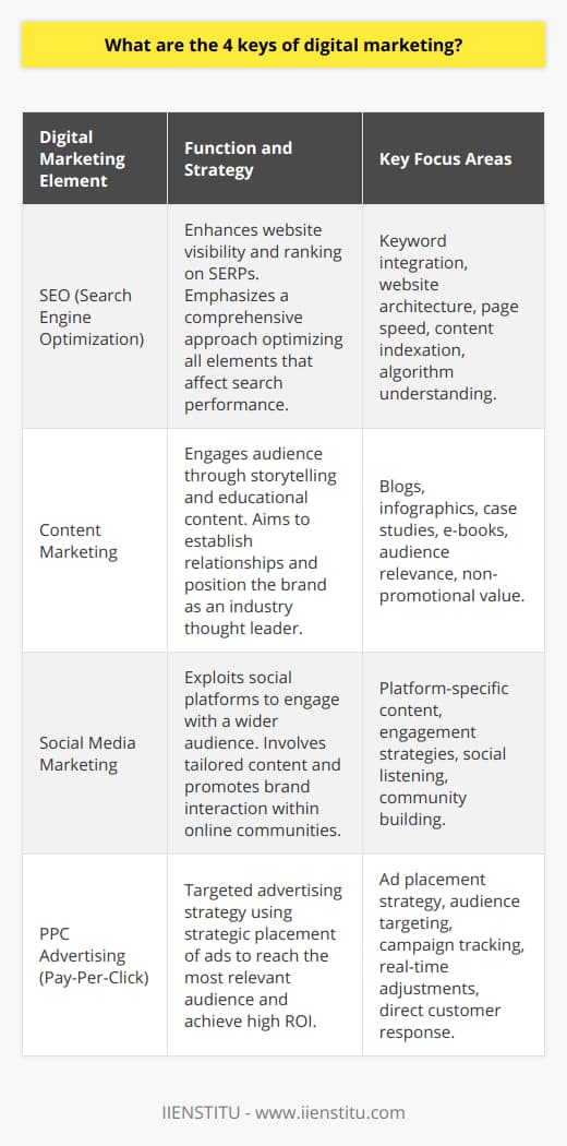 Digital marketing is a multifaceted discipline that encompasses various strategies aimed at reaching and engaging with consumers online. Four key elements play a crucial role in shaping a comprehensive digital marketing strategy, allowing brands and businesses to establish a strong online presence and connect with audiences effectively.**SEO: The Backbone of Digital Discovery**Search Engine Optimization (SEO) is vital for enhancing a website's visibility and ranking on search engine results pages (SERPs). It's not just about incorporating relevant keywords; it is a holistic approach that includes optimizing website architecture, improving page speed, and ensuring content is indexable. SEO also requires a thorough understanding of search engine algorithms, adherence to best practices, and delivering a user-focused experience.**Content Marketing: The Art of Storytelling**Content marketing is an authentic way to engage with consumers by providing them with valuable information through storytelling and educational content. This strategy goes beyond mere promotion; it's about building a relationship with your audience. Brands use blogs, infographics, case studies, and e-books, among other formats, to address their audience's challenges and needs. Outstanding content marketing isn't about selling; it's about giving your audience the knowledge that they cannot easily find elsewhere, positioning the brand as a thought leader in its respective industry.**Social Media Marketing: Engaging Conversations at Scale**The ubiquity of social platforms like Facebook, Instagram, Twitter, and LinkedIn make social media marketing a pivotal element in connecting with and expanding your audience. Each platform has its tone, norms, and audience behaviors, necessitating a tailored approach to content and engagement. This marketing pillar thrives on genuine interactions, social listening, and community building. It places brands in the center of discussions, keeping them relevant and top-of-mind among consumers.**PPC Advertising: Precision-Driven Customer Acquisition**Finally, Pay-Per-Click (PPC) advertising is a targeted and data-driven element of digital marketing that places ads in strategic locations online—including search engines and social media platforms—aimed at the most relevant audience. PPC campaigns allow for meticulous tracking and real-time adjustments, ensuring each click has the potential for maximum impact and ROI. Through targeted campaigns, brands can reach niche audience segments, increase visibility in competitive markets, and drive direct responses from potential customers.Integrating these four elements effectively demands expertise, creativity, and ongoing analysis to adapt to the dynamic nature of online consumer behavior. IIENSTITU, among other educational platforms, provides invaluable insights and training for individuals seeking to master these components of digital marketing, equipping them with the requisite skills to thrive in an inexorably digital future.