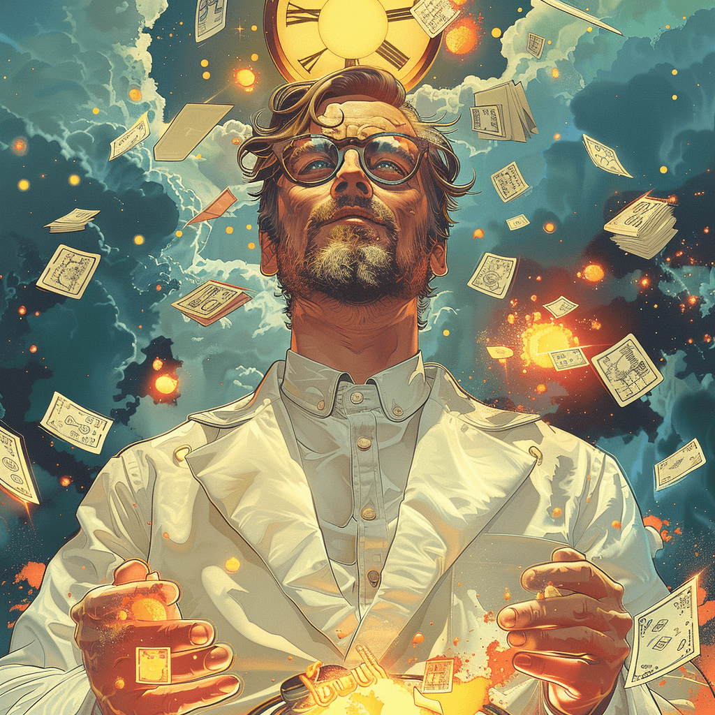 Here is a meticulously designed drawing. Against its backdrop is a magnificent man in a white coat, glowing with a vibrant shade of yellow. The man is playing with huge balances, each representing a decision factor. The balances are counterbalanced by giant cards floating in the sky. Each card is of different sizes and designs, reflecting the diversity and importance of the decision factors.  Vibrantly colored letters and numbers fly around the man, representing weight assignments in the decision-making process. These letters and numbers symbolize the importance and variety of weights assigned to the decision factors. The man carefully collects and balances these letters and numbers, balancing the important decision factors.  In the background, a giant calculating machine is visible, resembling the rotation of a wheel. The keys of the calculator are filled with numbers assigned to decision alternatives. The man skillfully uses this machine, pressing the keys to calculate the score of each alternative and noting the results as they come out.  The visual clearly depicts the basic concepts of the decision matrix. Full of vibrant colors, striking icons and detailed designs, it invites the viewer into the exciting world of decision-making.