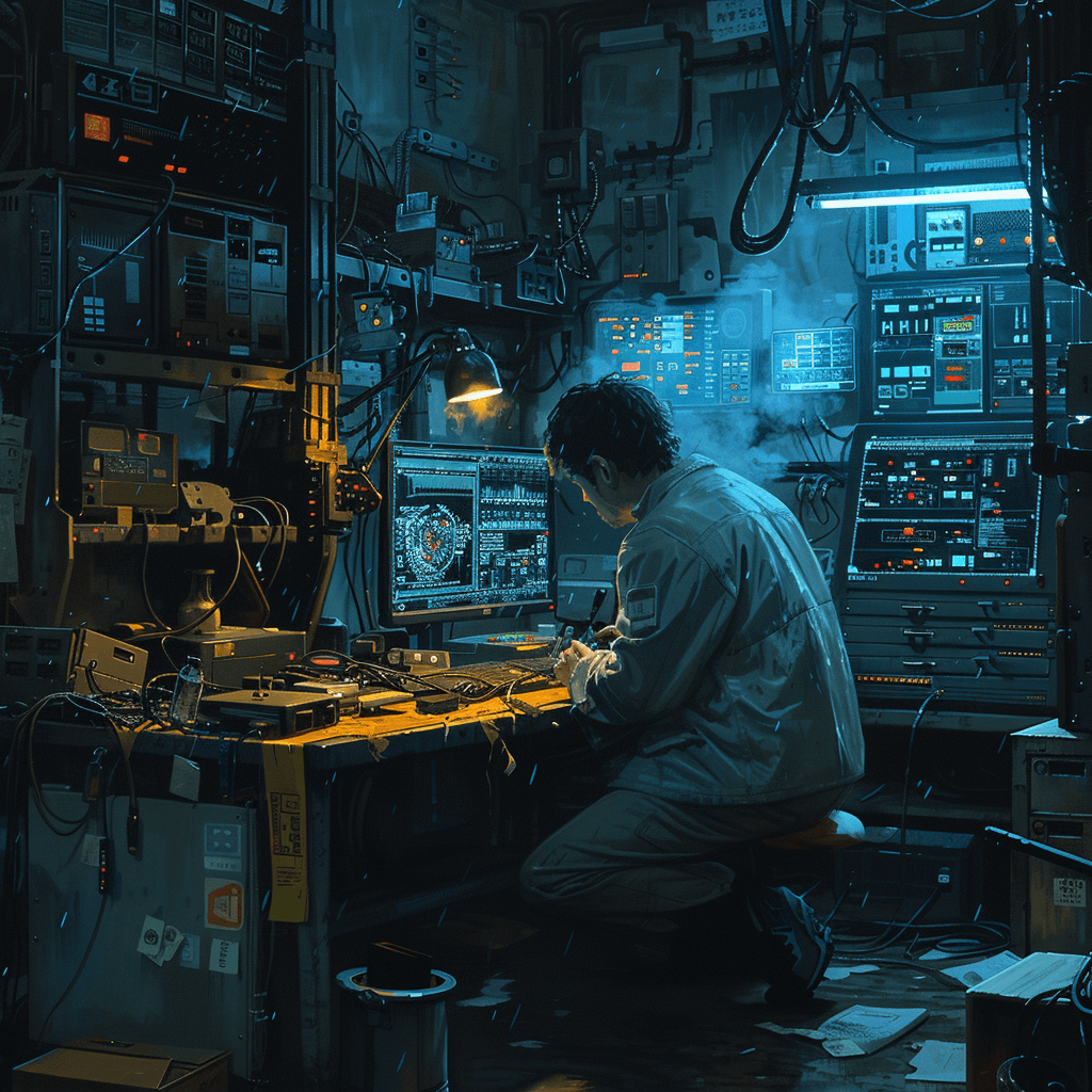 Imagine a dimly lit workshop filled with the hum of computers and the faint smell of metal. You can almost hear the whirring of fans and the click of keys as an analyst works. Feel the cool touch of a steel workbench scattered with tools: screwdrivers, a soldering iron with a tendril of smoke, and the shattered remains of a machine component marked with yellow warning tape. Wires and cables sprawl across the workbench, tracing invisible connections and data flows.  The atmosphere is tense but focused. It's a scene where problems are dissected, connections are traced, and a solution awaits discovery.