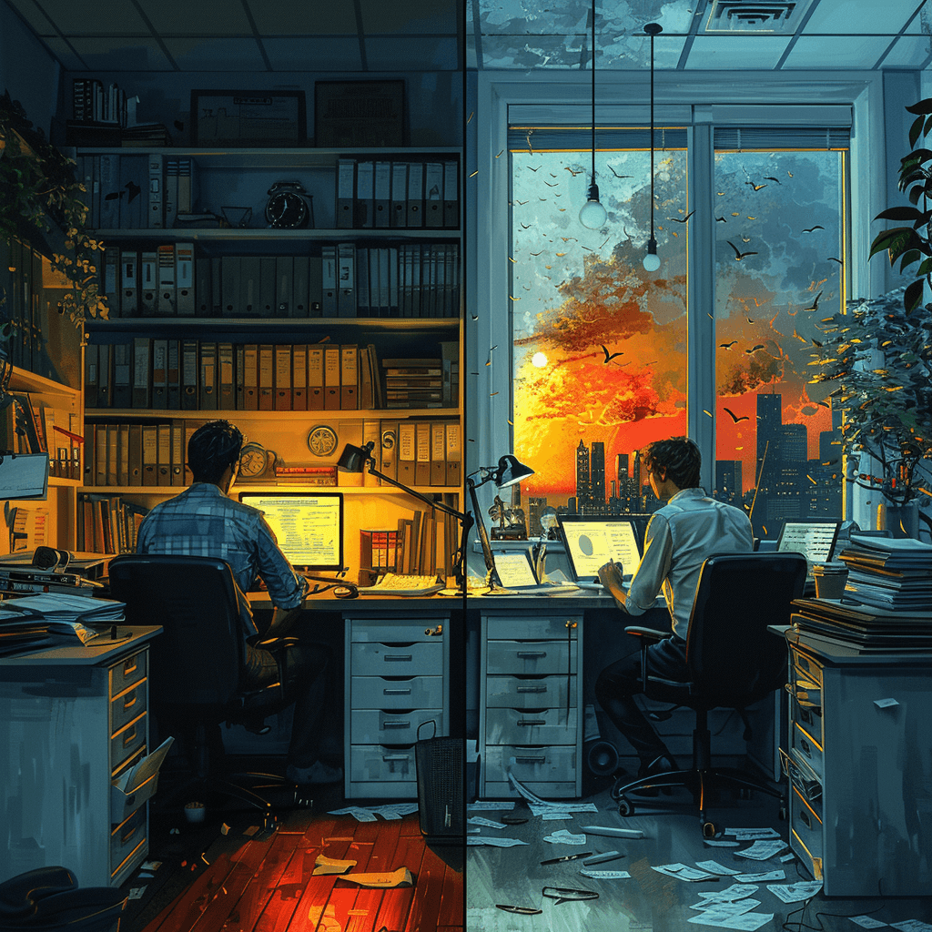 Panel 1: Imagine a cramped office overflowing with papers, a sense of disorganization and overwhelm hangs in the air.  An HR manager struggles with stacks of files, outdated equipment, and a look of frustration.  Panel 2: Picture a bright, modern office. Focused HR professionals work efficiently, utilizing sleek technology. The atmosphere is calm and collaborative, showcasing progress and efficiency.