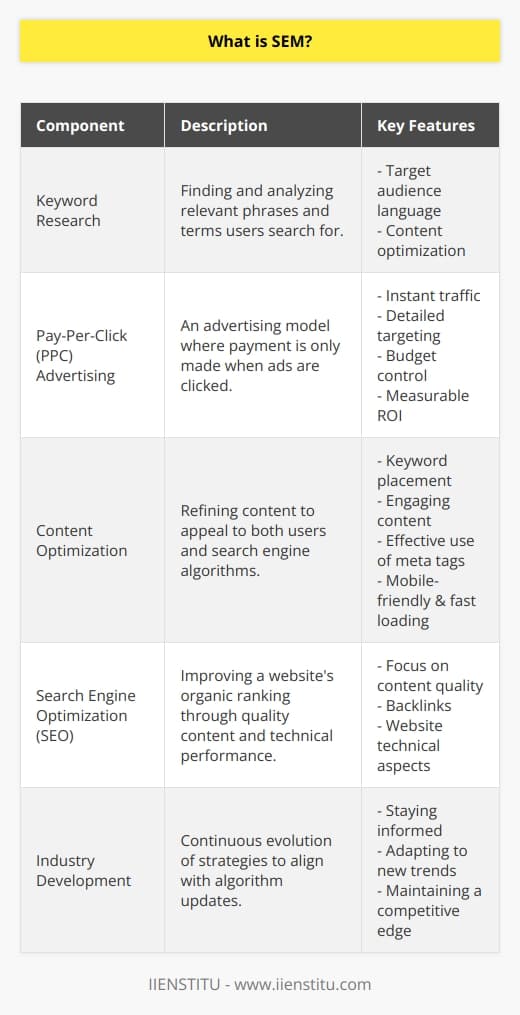 Search Engine Marketing (SEM) is a digital marketing strategy designed to enhance a website's visibility in search engine results pages (SERPs). As a crucial element of online marketing, SEM encompasses various techniques and strategies to promote websites by increasing their visibility in SERPs through both paid and unpaid efforts.At the core of SEM is keyword research. This foundational step involves identifying and analyzing phrases and terms that users enter into search engines when looking for products, services, or information. Effective keyword research helps marketers understand the language used by their target audience and optimize their content, ads, and online presence accordingly.Pay-Per-Click (PPC) advertising is one of the most prominent components of SEM. PPC is a model where advertisers only pay when a user clicks on their ad. These ads appear in search engine results and are tailored to match key search terms. The goal of PPC is to draw traffic to a website immediately, rather than organically over time. It allows for detailed targeting, budget control, and measurable ROI, making it a dynamic tool for driving website visibility and attracting potential customers.Creative content optimization is another critical facet of SEM. This strategy involves creating and refining website content to make it more appealing both to users and to the algorithm of search engines. Content optimization can include the strategic placement of keywords, crafting informative and engaging content, using meta tags effectively, and ensuring that all content is mobile-friendly and loads quickly. The idea is to enhance the user experience while signaling to search engines that the content is highly relevant and deserving of a high ranking in search results.Although SEM is frequently associated with paid advertising, it also works hand-in-hand with Search Engine Optimization (SEO), a set of practices designed to increase a website's organic (unpaid) rankings within search engines. While SEO focuses on content quality, backlinks, and technical aspects of website performance, SEM encompasses these organic efforts and complements them with targeted, paid strategies to maximize a site's visibility and attract targeted traffic quickly.It is important to note that SEM strategies and best practices are continuously evolving with the search engines' algorithms, which are regularly updated to provide users with the most relevant and high-quality results possible. Therefore, businesses and marketers must stay informed on the latest trends and techniques within the realm of SEM to maintain a competitive edge.IIENSTITU, known for providing educational resources and courses on digital marketing, is an example of an institution that may offer insights into mastering SEM. By leveraging comprehensive education in the field, one can develop a deep understanding of SEM's nuances and capitalize on its potential to grow an online presence effectively.