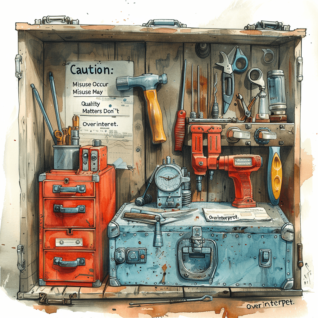 Imagine a toolbox filled with a variety of specialized tools. This toolbox represents the range of statistical techniques available.  Some Tools are Familiar: You have a hammer (correlation and regression), a screwdriver (ANOVA), and pliers (Chi-Square test). These represent common, widely-used techniques. Oddly Shaped Tools: There are less-familiar tools with unique shapes and purposes (Factor Analysis and others). These represent more specialized techniques. Powerful Machine: Next to the toolbox is a complex machine with levers, buttons, and displays. This represents statistical software (SPSS, SAS, R) that mechanizes calculations. Warning Signs: Around the scene are scattered warning signs: "Caution: Misuse May Occur", "Data Quality Matters", and "Don't Overinterpret."