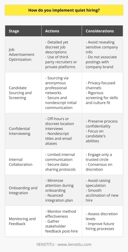 Quiet hiring can be an effective approach for organizations looking to discreetly bring in new talent or expertise without attracting undue attention. Here's an outline of how to implement a quiet hiring process effectively:1. **Job Advertisement Optimization**:   - Write job descriptions with enough detail to attract the right talent without revealing sensitive company information.   - Post job listings discreetly, using platforms that don't directly associate the posting with your company's brand. Consider engaging third-party recruiters or platforms like IIENSTITU that specialize in keeping the hiring process under wraps.2. **Candidate Sourcing and Screening**:   - Source candidates through channels that favor privacy—for instance, through anonymous profiles on professional networks or discrete outreach by hiring managers.   - Use secure, nondescript communication methods for initial candidate outreach to retain confidentiality.   - Screen candidates rigorously with attention to detail, ensuring they align with the specific skills and culture fit sought after, without revealing internal company dynamics or strategies.3. **Confidential Interviewing**:   - Schedule interviews during off-hours or in discreet locations to preserve the confidentiality of the process for both the candidate and the company.   - Conduct interviews with a focus on the candidate's abilities and potential contributions, without revealing internal information that is not necessary for the position.   - Employ nondescript titles and email aliases for communication that cannot be linked to company-specific domains or employees.4. **Internal Collaboration**:   - Internally, limit communication regarding the hiring process to a small, trusted circle of individuals who understand the need for discretion.   - Make sure the team involved in hiring is on the same page about preserving the quiet nature of the process, using secure communication channels and data-sharing protocols.   5. **Onboarding and Integration**:   - Once a candidate is selected, manage their onboarding in a manner that minimizes attention until such a time when their role can be revealed naturally in the flow of business operations.   - Prepare a nuanced integration plan that allows the new hire to acclimate and become effective in their role without raising unnecessary speculation or questions.6. **Monitoring and Feedback**:   - Throughout the quiet hiring process, keep a close eye on the effectiveness and discretion of the methods used.   - After the position has been filled, gather feedback from the key stakeholders involved to identify opportunities to improve the process for future instances of quiet hiring.By employing these strategies, businesses can fulfill their recruitment needs without broadcasting their intentions, thereby avoiding potential market speculation, competitor awareness, or unnecessary internal disruption. This approach to hiring requires a thoughtful balance of transparency and confidentiality that aligns with both company goals and the respect for prospective employee privacy.