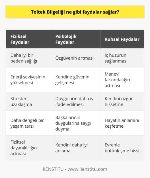 Toltek Bilgeliği, insanların fiziksel, psikolojik, duygusal ve ruhsal dengesini sağlamayı ve hayatlarının kontrolünü eline almayı amaçlayan bir öğreti olarak kabul edilir. Bu öğreti, insanların özgüvenlerini arttırmaya, kendilerine güven ve kendilerine olan sevgiyi artırmaya, çevresel faktörlerin etkisinden kurtulmaya ve kendini özgür hissetmeye yardımcı olan faydalar sağlar. Ayrıca, bu öğreti, insanların kendilerini daha iyi ifade etmelerini, kendilerini daha iyi anlamalarını ve başkalarının duygularına saygı duymalarını kolaylaştırır.