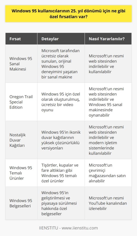 Windows 95 kullanıcılarının 25. yıl dönümü için özel fırsatları, Microsoft tarafından Windows 95in ücretsiz bir sanal makinesi olarak sunulmasıdır. Bir parça nostalji için, Microsoft kullanıcıların kendileri gibi eski bir Windows 95 deneyimine sahip olmalarını sağlamak için bu sanal makineyi sunuyor. Ayrıca, Microsoft, Windows 95 için özel olarak oluşturulmuş bir video oyunu olan  Oregon Trail Special Edition yi de ücretsiz olarak kullanıcılara sunuyor.
