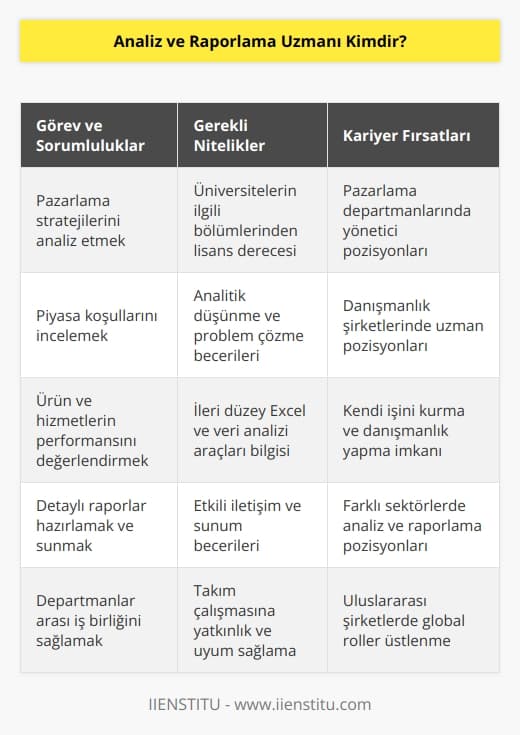 Analiz ve raporlama uzmanı, yer aldığı sektörde pazarlama stratejilerini,   ni, piyasa koşullarını incelemekten sorumlu olan kişidir. Yaptığı araştırmalara göre ilgi duyulan ürün ve hizmetleri analiz eder ve artışları değerlendirmeye yönelik raporlama yapar. Bu alanda çalışmak isteyen kişilerden üniversitelerin ilgili bölümlerinden lisans seviyesinde mezuniyet şartı aranır.