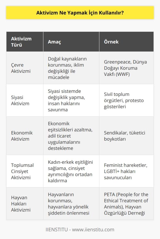 Aktivizm, insanların toplumsal değişiklikleri sağlamak için çabalamalarını anlatmak için kullanılır. Aktivizm, bireylerin veya grupların, çevre, politika, ekonomi, toplumsal cinsiyet, eşitlik, çevre gibi konularda seslerini duyurmak ve toplumsal değişiklikler sağlamak için güçlü aksiyonlar almalarını sağlamak için kullanılır. Aktivizm, insanların haklarını korumak, güçleri eşitlemek veya toplumsal cinsiyet eşitsizliğini ortadan kaldırmak gibi çeşitli amaçları içerir.