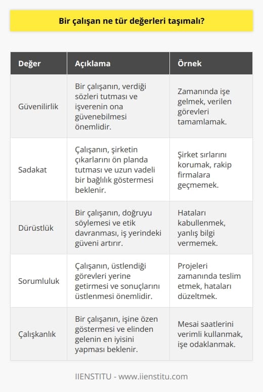 Bir çalışan, güvenilirlik, sadakat, dürüstlük, sorumluluk, çalışkanlık, iletişim becerileri, takım çalışması, özgüven ve disiplin gibi değerleri taşımalıdır.
