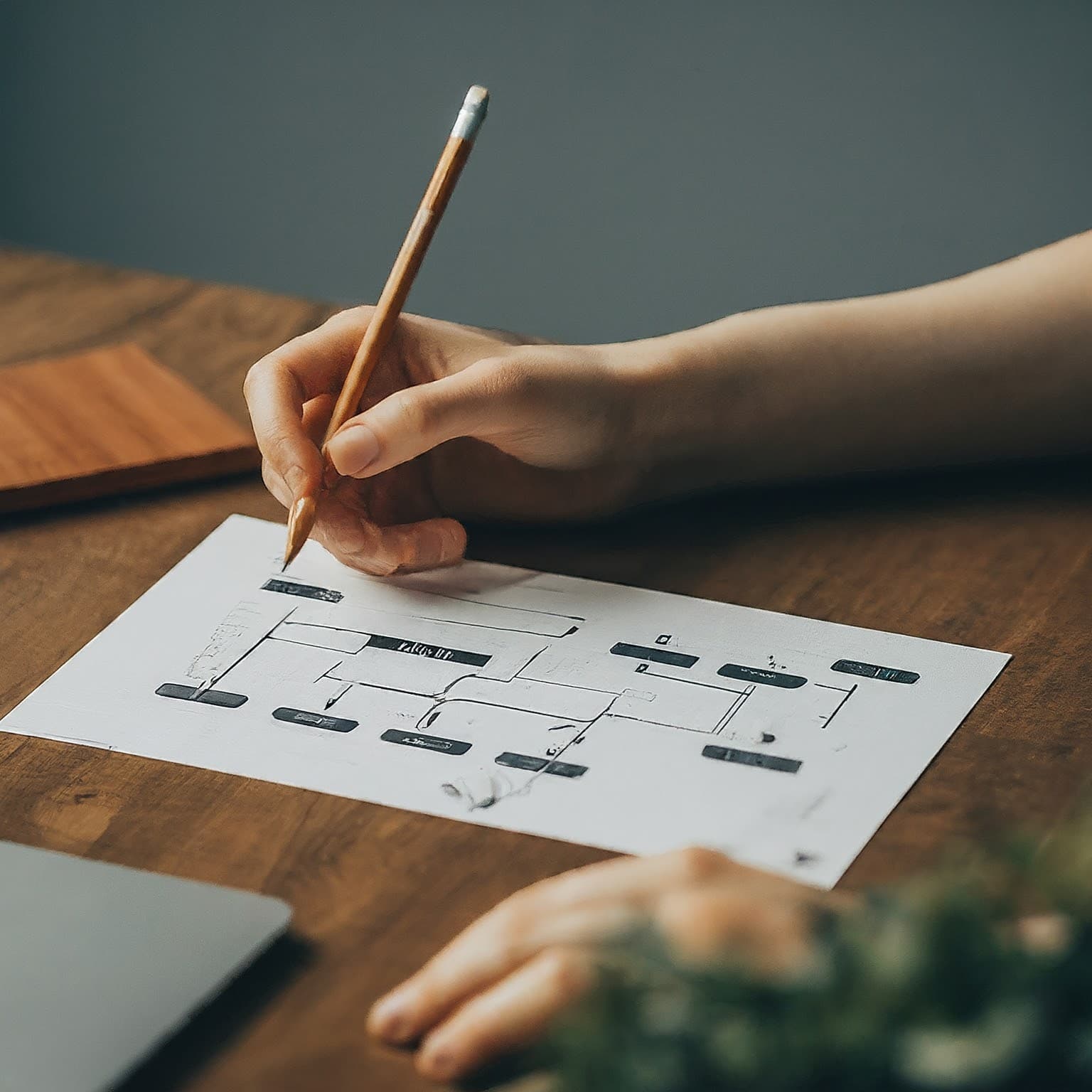 A person works on a sketch, which appears to be a website or app flowchart, on a wooden table. They use a pencil to draw details related to page layout and user experience.