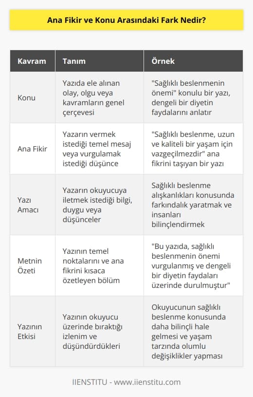 Bir yazının konusu; aktarılan olay, olgu ve kavramlardan basitçe bahseder. Bir yazının ana fikri ise genel metnin özeti niteliğindedir. Yazarın yazış amacını ve vurgulamak istediği düşünceyi ifade eder.