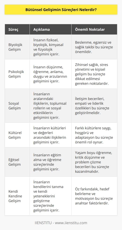 Bütünsel gelişimin süreçleri şunlardır:  1. Biyolojik Gelişim: Bu süreç, insanın fiziksel, biyolojik, kimyasal ve fizyolojik gelişimini içerir.  2. Psikolojik Gelişim: Bu süreç, insanın düşünme, öğrenme, anlama, duygu ve arzularının gelişimini içerir.  3. Sosyal Gelişim: Bu süreç, insanların aralarındaki ilişkilerin, toplumsal rollerin ve sosyal etkinliklerin gelişimini içerir.  4. Kültürel Gelişim: Bu süreç, insanların kültürleri ve değerleri arasındaki ilişkilerin gelişimini içerir.  5. Eğitsel Gelişim: Bu süreç, insanların eğitim alma ve öğretme süreçlerinde gelişimini içerir.  6. Kendi Kendine Gelişim: Bu süreç, insanların kendilerini tanıma ve kendi yeteneklerini geliştirme süreçlerinde gelişimini içerir.