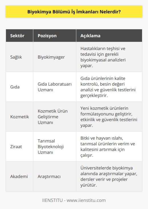 Biyokimya bölümü sağlık sektöründe, gıda laboratuarlarında, kozmetik alanında ve ziraat kurumlarında biyo   olarak çalışabilir. Üniversitelerde araştırmacı olarak çalışabilirler. Biyokimya bölümü mezunları analiz yapma yetenekleri sayesinde laboratuarlarda da çalışma imkanı olan kişilerdir. Biyokimya mezunları aynı zamanda yeni ürün geliştirme ve test etme konusunda çalışma imkanı bulabilirler.