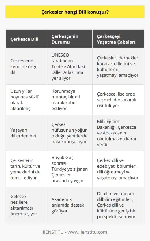 Çerkesler, genel olarak Çerkesce dili konuşurlar. Çerkesce, Çerkeslerin kendine özgü bir dili olup, uzun yıllar boyunca sözlü olarak aktarılan bir dildir. Bu dil, yaşayan dillerden biri olmakla birlikte UNESCO tarafından Tehlike Altındaki Diller Atlasında yer alarak korunmaya muhtaç bir dil olduğunu gösterir.   Çerkesler, dillerinin yok olmaması ve gelecek nesillere aktarılması için kendi derneklerini kurarak bu konuda önemli adımlar atmaktadırlar. Çerkesceyi yaşatmayı amaçlayan bu dernekler, dilin yanında Çerkes tarihi, kültürü, yemekleri gibi değerleri de ayakta tutmayı hedefler. Çerkesler, dillerini sadece kendi aralarında değil, bir sonraki   a da aktarmaya özen göstermektedirler.   Ülkemizde Çerkesce, liselerde seçmeli bir ders olarak okutulmaktadır. Çerkes nüfusunun yoğun olduğu şehirlerde sıklıkla bu dili   k için seçilir. Bu uygulama, dilin yaşatılması konusunda önemli bir adım olmuştur. Milli Eğitim Bakanlığı, 2012 yılında okullarda “Yaşayan Diller ve Lehçeler” dersi altında Çerkezce ve Abazacanın okutulmasına karar vermiştir.  Çerkesce dili, son dönemlerde akademik anlamda da destek görmektedir. Çerkez dili ve edebiyatı bölümü, öğrencilere Çerkezceyi öğretmeyi ve bu dili yaşatmayı amaçlamaktadır. Bu bölüm, öğrencilere dilbilim ve toplum dilbilim eğitimi de vererek, Çerkes dili ve kültürü konusunda geniş bir perspektif sunar. Büyük Göç sonrası çoğu Çerkesin Türkiyeye sığınmasının ardından, bu tür eğitim programları Çerkes dili ve kültürünün yaşatılmasına katkı sağlamaktadır.  Sonuç olarak, Çerkesler, Çerkesceyi korumak ve gelecek nesillere aktarabilmek için çeşitli girişimlerde bulunmaktadırlar. Bu girişimler arasında linguistik alanında uzmanlaşmış akademisyenler ve eğitimciler tarafından desteklenmekte ve bu sayede Çerkes dili ve kültürü daha geniş kitlelere ulaşmaktadır. Bu dilin yaşatılması ve korunması, hem Çerkes halkının tarihi ve kültürel kimliğinin korunması hem de çeşitliliğin ve kültürel zenginliğin desteklenmesi açısından önemlidir.