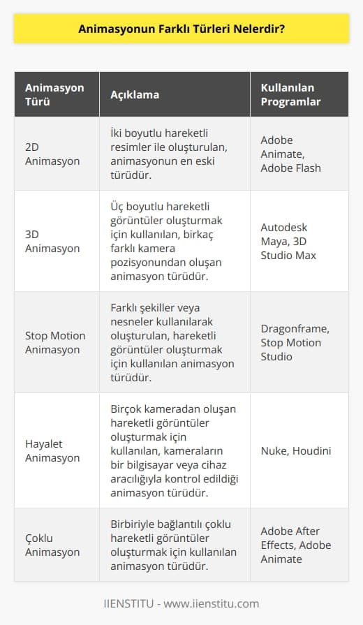 Animasyonun farklı türleri şunlardır:  1. 2D Animasyon: 2D animasyon, animasyonun en eski türüdür. İki boyutlu hareketli resimler ile oluşturulur. Adobe    ve Adobe Flash gibi programlar kullanılarak oluşturulur.  2. 3D Animasyon: 3D animasyon, birkaç farklı kamera pozisyonundan oluşan, üç boyutlu hareketli görüntüler oluşturmak için kullanılan bir animasyon türüdür. Autodesk Maya ve 3D Studio Max gibi programları kullanılarak oluşturulur.  3. Stop Motion Animasyon: Stop Motion animasyon, hareketli görüntüler oluşturmak için kullanılan animasyon türüdür. Farklı şekiller veya nesneler kullanılarak oluşturulur.  4. Hayalet Animasyon: Hayalet animasyon, birçok kameradan oluşan hareketli görüntüler oluşturmak için kullanılan bir animasyon türüdür. Kullanılan kameralar, çekimleri kaydeden bir bilgisayar veya bir cihaz aracılığıyla kontrol edilir.  5. Çoklu Animasyon: Çoklu animasyon, birbiriyle bağlantılı çoklu hareketli görüntüler oluşturmak için kullanılan animasyon türüdür. Adobe After Effects ve Adobe Animate gibi programlar kullanılarak oluşturulur.