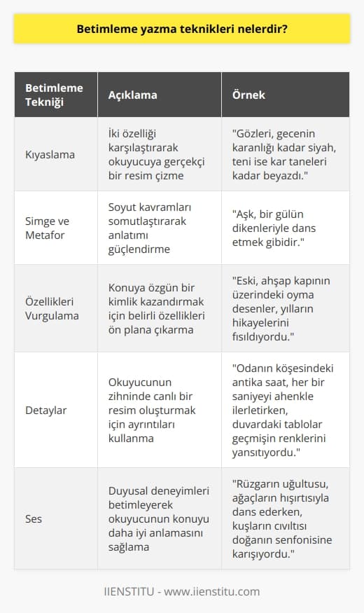 1. Kıyaslama: Kıyaslama, okuyucuya gerçekçi bir resim çizmek için kullanılan bir betimleme tekniğidir. Yazar, konuyla ilgili iki özelliği karşılaştırmak için kullanır.  2. Simge ve Metaför: Simge ve metaförler, okuyuculara anlatılmak istenen şeyi daha kolay anlamasını sağlamak için kullanılan bir betimleme tekniğidir.  3. Özellikleri Vurgulama: Özellikleri vurgulama, anlatılan konuya özgün bir kimliğe sahip olmasını sağlamak için kullanılan bir betimleme tekniğidir.  4. Detaylar: Detaylar, okuyucuya daha gerçekçi bir resim çizmek için kullanılan bir betimleme tekniğidir.  5. Ses: Ses, okuyucuya anlatılan konu hakkında daha derin bir anlayış kazandırmak için kullanılan bir betimleme tekniğidir.