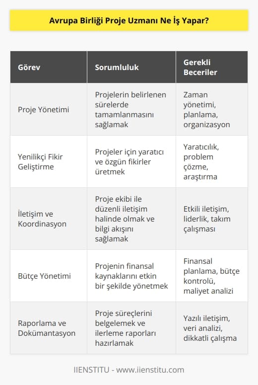 Avrupa Birliği Proje Uzmanı projelerin belirlenen sürelerde tamamlanması için çalışmalar yapar. Projeler için yenilikçi ve yaratıcı fikirler geliştirir. Projelerde görev alan diğer çalışanlardan akışla alakalı düzenli bilgiler almayı talep eder.