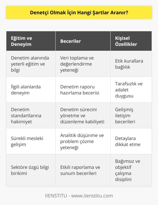Denetçi olmak için aranan şartlar genel olarak şunlardır:  1. Denetçi olmak için, adayların belli bir düzeyde eğitim, deneyim ve denetçilik konularında bilgiye sahip olması gerekir.  2. Denetçi olmak için, adayların kamuya açık denetim kurallarına ve kurallara uygun olarak çalışmaya yeterli istek ve beceriye sahip olmaları gerekir.  3. Denetçi olmak için, adayların denetim standartlarına uygun olarak verileri toplayabilmeleri ve değerlendirebilmeleri gerekir.  4. Denetçi olmak için, adayların denetim raporu hazırlayabilmeleri ve kendileri için gerekli verileri sunabilmeleri gerekir.  5. Denetçi olmak için, adayların denetim sürecini yönetebilmeleri ve düzenleyebilmeleri gerekir.  6. Denetçi olmak için, adayların    konusunda yeterli seviyede bilgiye sahip olmaları gerekir.  7. Denetçi olmak için, adayların iletişim becerilerinin gelişmiş olması gerekir.  8. Denetçi olmak için, adayların etik kurallara uygun davranması ve her iki taraf için de hakkaniyete uygun sonuçlar çıkarması gerekir.