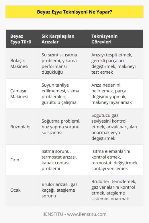 Beyaz eşya teknisyeni arızalı beyaz eşyaların tamirini yapar. Teknisyenler tüm beyaz eşya çeşitlerini (bulaşık makinesi, çamaşır makinesi, buzdolabı, fırın, ocak, davlumbaz, vb.) tamir etmek, onarımını yapmak ve bakımını sağlamak için yetkili servis sağlayıcıları tarafından yetkilendirilmiştir. Teknisyenler ayrıca arızalı parçaları değiştirmek, parçaların nasıl çalıştığını anlamak ve kontrol etmek, arızalı beyaz eşyaların bakımını ve temizliğini yapmak gibi görevleri de yerine getirebilirler.