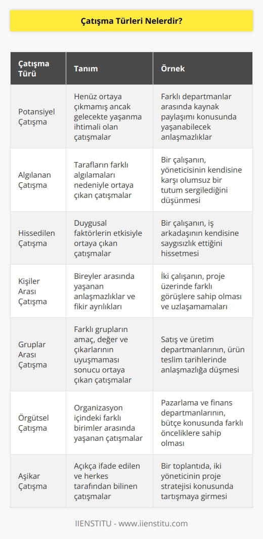 Çatışma türleri arasında, potansiyel çatışma, algılanan çatışma, hissedilen çatışma, kişiler arası çatışma, gruplar arası çatışma, örgütsel çatışma ve aşikar çatışma yer almaktadır. Bu çatışma türleri, bireylerin grup içerisinde kontrol edilmediğinde problemlere yol açabilecek unsurlara sahiptir. Bu nedenle problemleri doğru tespit edebilmek ve doğru bir yaklaşımla bertaraf etmek gerekir.