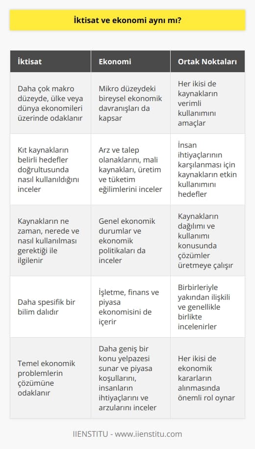 İktisat ve    genel olarak pek çok birey tarafından bir ve aynı olarak algılansa da, bu kavramlar arasında önemli farklar mevcuttur. İktisat, genellikle daha makro düzeyde, ülke veya dünya ekonomileri üzerinde odaklanırken; ekonomi ise aynı zamanda mikro düzeydeki bireysel ekonomik davranışları da kapsar. İktisat, geniş anlamıyla, kıt kaynakların belirli hedefler doğrultusunda nasıl kullanıldığını inceleyen bir bilim dalıdır. İhtiyaçları karşılamak için hangi kaynakların and hangi koşullarda kullanılması gerektiğinin belirlenmesi iktisadın çözümlemeye çalıştığı bir problem olarak kabul edilir.   Ekonomi ise daha geniş bir kavram olup, arz ve talep olanakları, mali kaynaklar, üretim ve tüketim eğilimleri, genel ekonomik durumlar ve ekonomik politikalar gibi konularını inceler. Ekonomi, sadece iktisat değil, aynı zamanda işletme, finans ve piyasa ekonomisini de içerir.   Sonuç olarak, iktisat ve ekonomi mümkün olan en verimli şekilde kaynakları kullanmaya çalışmaktadır. İktisat, kaynakların ne zaman, nerede ve nasıl kullanılması gerektiği ile daha çok ilgilenirken; ekonomi, piyasa koşulları, insanların ihtiyaçları ve arzuları, ve hangi politikalara dayandığını inceleyen daha geniş bir konu yelpazesi sunmaktadır. Her birinin kendine has önemli özellikleri ve kullanımları vardır ve genellikle birbiriyle ilişkili olarak incelenirler.