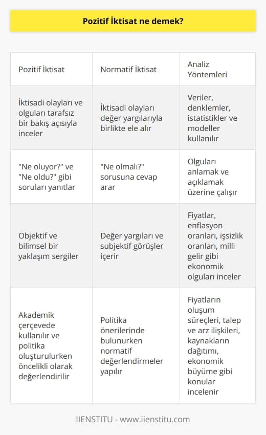 Pozitif İktisat, iktisadi olayları ve olguları tarafsız bir bakış açısıyla inceleyen bir bilim dalıdır. Pozitif İktisat, ne oluyor? ve ne oldu? gibi soruları yanıtlar. Yalnızca olguları anlamak ve açıklamak üzerine çalışır. Normatif iktisatla karşılaştırıldığında, pozitif iktisat değer yargılarından soyutlanmıştır. Daha objektif ve bilimsel bir yaklaşımla, iktisadi süreçleri ve politikaları değerlendirir.  Pozitif İktisatın yapısında, önceliği olgulara dayalı tespitlere ve analitik değerlendirmelere vermek bulunur. Fiyatlar, enflasyon oranları, işsizlik oranları, milli gelir gibi ekonomik olgular, bu iktisat türü tarafından incelenir. Özellikle, fiyatların oluşum süreçleri, talep ve arz ilişkileri, kaynakların dağıtımı, ekonomik büyüme gibi konular Pozitif İktisatın inceleme sahasına girmektedir.  Pozitif İktisat, özünde bilimsel gerçeklere, olgulara dayalı analizleri ve çıktılari esas alır. Bu yüzden, çok genellikle iktisadi veriler, denklemler, istatistikler ve modellerle çalışır. Amaçları ve yöntemleri bakımından Pozitif İktisat, bazen gerçek iktisat olarak da nitelendirilir. Bu nedenle, bu iktisat dalı daha ziyade akademik çerçevede kullanılır ve politika oluşturulurken bu iktisat dalının sonuçları öncelikli olarak değerlendirilir.