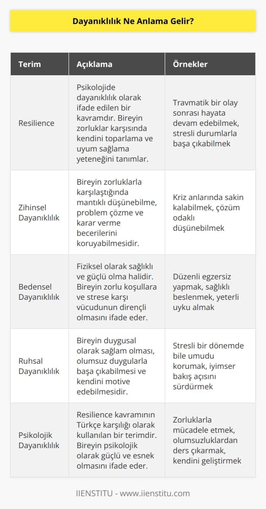 Psikolojide “dayanıklılık” olarak ifade edilen “resilience” kavramı günümüzde yaygın olarak kullanılıyor. Türkçe karşılığı tam olarak olmayan “resilience” kelimesini en çok psikologlar tercih ederken bunun yanında“psikolojik dayanıklılık” terimini kullananlara da rastlamak mümkündür. Resilience yani dayanıklılık; zihinsel, bedensel ve ruhsal olarak güçlü olma halidir.