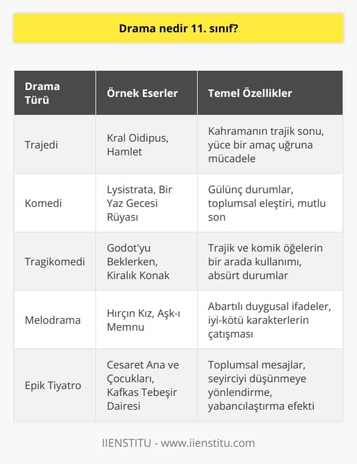 Dr. 11. sınıf kapsamında incelenen büyük ve önemli bir sanat formudur. Bu sanat formu, tiyatrodan sinemaya ve televizyon dünyasına kadar içerisinde birçok farklı tür barındırır.  **Tarihsel Gelişimi**  Drama, tarih öncesi dönemlerden beri insanların duygu ve düşüncelerini ifade etmek ve iletmek amacıyla başvurduğu sanatsal bir iletişim yöntemidir. İlk dramalar, dini ritüeller ve törenlerle başlayarak, zamanla önemli olayları ve kişileri anlatan veya ülkenin geçmişini ve kültürünü ele alan yapıtlara dönüşmüştür.  **Dramatik Yapı**  Drama eserlerinin temel amacı, karakterlerin duygularını, düşüncelerini ve yaşantısını anlatmaktır. Bu nedenle, dramatik yapı, ana hatlarıyla şöyle sıralanabilir: başlangıç, gelişme, çatışma, düğüm ve çözüm. Her aşama, hikayenin akışını ve sürekliliğini sağlamak için birbirine bağlıdır.  **Drama Türleri**  Drama eserleri, içerdikleri temalar ve amaçlara göre farklı türlere ayrılır. Bu türlere göre tiyatrodan sinemaya ve televizyona kadar farklı biçimlerde izleyicilerin karşısına çıkmaktadır. Başlıca drama türleri arasında, tragedy (trajedi), comedy (komedi), tragicomedy (kara komedi) ve melodrama yer alır.  **Drama İncelemesi**  11. sınıf ders müfredatında, ünlü yazar ve oyun yazarlarının eserleri incelenerek hikaye örgülerinin analizi ve karakterlerin değerlendirmesi yapılır. Bu incelemeler, öğrencilere drama sanatının yapı taşlarını öğretmeye ve eleştirel düşünme becerilerini geliştirmeye hedefler.  **Drama ve Eğitim**  Dramanın eğitimde kullanılması, öğrencilerin duyarlılık, empati, yaratıcılık ve iletişim becerilerinin geliştirilmesine yardımcı olur. Özellikle sosyal becerilerin ve problem çözme yeteneklerinin geliştirilmesi açısından 11. sınıf düzeyinde    büyük öneme sahiptir.   Sonuç olarak, drama, insan duygularının ve yaşantısının anlatım biçimi olarak önemli bir yere sahip olan sanat formudur. 11. sınıf ders müfredatında, öğrencilere bu sanatın temel prensiplerini öğretmek ve onların duyarlılık, empati ve eleştirel düşünme becerilerini geliştirmek amacıyla drama eserleri incelenir ve    düzenlenir.