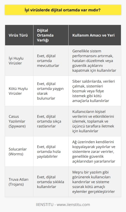 Kötü olan virüslerin elbette karşılığında iyi olanları da vardır. Hepsinin kullanım amacı ve yeri farklıdır. Siber saldırılarda genellikle kötü huylu yazılımlar tercih edilir.