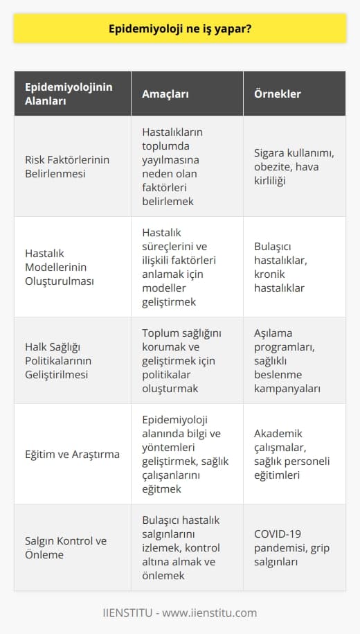 Epidemiyolojinin Temel Amaçları  Epidemiyoloji, hastalıkların insan toplumlarında görülme sıklığı ve yayılımı ile ilgili faktörlerin incelenmesi, tanımlanması ve kontrol altına alınması için kullanılan bir bilim dalıdır. Bu alanda yapılan çalışmalar sayesinde, hastalıklardan korunma ve tedavi yöntemlerinin geliştirilmesine katkı sağlanır.  Risk Faktörlerinin Belirlenmesi  Epidemiyolojik çalışmalar, hastalıkların ve sağlık sorunlarının toplumda ne kadar yaygın olduğunu belirlemeye yöneliktir. Bu sayede, hastalıkların ortaya çıkmasına neden olan çevresel, genetik ve sosyal risk faktörleri belirlenerek, hastalığın yayılımını önleyici önlemler geliştirilmeye çalışılır.  Hastalık Modellerinin Oluşturulması  Epidemiyoloji uzmanları, elde ettikleri verilerle hastalık modelleri oluşturarak, hastalık süreçlerini ve bu süreçlerle ilişkili faktörleri anlamaya çalışırlar. Oluşturulan bu modeller, hastalıklardan korunma ve tedavi planlaması için önemli bir rol oynarlar.  Halk Sağlığı Politikalarının Geliştirilmesi  Epidemiyoloji çalışmaları, halk sağlığı politikalarının geliştirilmesinde ve karar vericilere doğru bilgiler sunarak, toplum sağlığının korunması ve geliştirilmesi için önemlidir. Özellikle devletler ve uluslararası sağlık örgütleri, epidemiyolojik verilere dayalı politikalar sayesinde, sağlık alanında doğru adımlar atabilirler.  Eğitim ve Araştırma  Epidemiyoloji alanında yapılan akademik çalışmalar, hem bu alandaki bilgilerin ve yöntemlerin geliştirilmesine katkı sağlar, hem de sağlık çalışanlarına bu konuda eğitim vermek için kullanılır. Bu sayede, sağlık hizmetlerinin sürekli iyileştirilmesi ve toplum sağlığının korunması hedeflenir.  Sonuç olarak, epidemiyoloji; hastalıkları ve sağlık sorunlarını inceleyerek, insanların yaşam kalitesini artırmak ve toplum sağlığını korumak amacıyla önemli bir rol üstlenir. Bu bilim dalı sayesinde, hastalıkların sebepleri, yayılımı ve önlenebilirliği hakkında bilgi sahibi olunarak, etkili stratejiler geliştirilir.