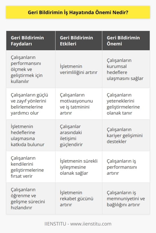Geri bildirim, insanların performansını ölçmek için kullanılan, işletmelerin ve çalışanların verimliliğini artırmak için çok önemli bir araçtır. İş hayatında geri bildirim, bir işletme için önemli olduğu kadar, çalışanların da özellikle yararına olabilir. Geri bildirim, çalışanların işlerinde neyin işe yaradığını ve neyin işe yaramadığını göstermesi sayesinde işletme veya çalışanlar için pozitif sonuçların doğmasına yardımcı olur. Geri bildirim, çalışanların performanslarını izlemek ve geliştirmek için ortam sağlar. Geri bildirim, çalışanların kurumsal hedeflere ulaşmasını, performans göstergelerini artırmasını ve üst düzey yetenekleri geliştirmesini sağlamak için önemli bir araçtır. Sonuç olarak, geri bildirimin iş hayatında büyük önemi vardır.