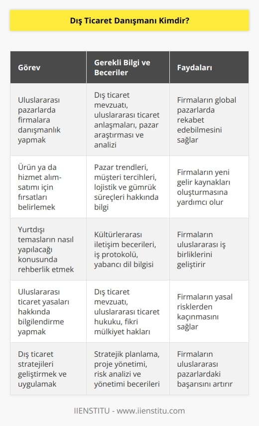 Dış ticaret danışmanı, işletmelerin uluslararası pazarlarda faaliyet göstermeleri sırasında sahip oldukları uzmanlık bilgileri ile firmalara    yapan kişilerdir. Dünya genelinde ürün ya da hizmet satın alma ve satma imkanları, yurtdışı temasların nasıl yapılması gerektiği ve uluslararası ticaret üzerine düzenlenmiş yasalar hakkında tavsiyelerde bulunan kişilerdir.