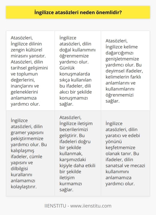 Atasözleri ait oldukları dilin kültürünü yansıtan en önemli parçalarından biridir. Bu nedenle İngilizce dilinin tam olarak öğrenebilmesi için mutlaka atasözlerinin de öğrenilmesi gerekir. Atasözleri dil öğreniminde de kişiye oldukça fayda sağlamaktadır.