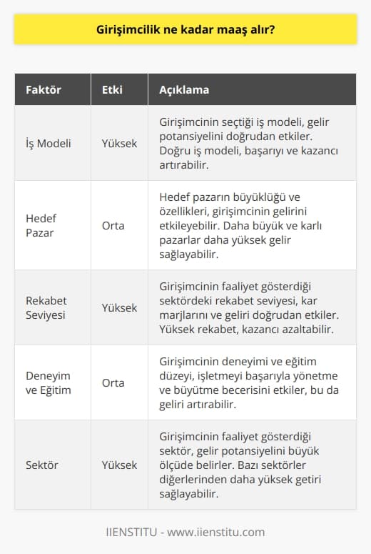 Girişimciliğin maaşını belirlemek zor olup, girişimcinin kazandığı tutar birçok faktöre bağlıdır. Girişimcilik sürecinde belirli bir maaş yoktur, gelir seviyesi büyük ölçüde girişimcinin başarısına ve yürüttüğü işletmenin başarısına bağlıdır.  Girişimcilerin kazancı, seçtikleri iş modeline, hedef pazarlarının büyüklüğüne ve sektörlerine, rekabet seviyelerine, işin var oluş süresine, ve pazarlama stratejilerine bağlıdır. Ayrıca, girişimcilerin tecrübe seviyeleri, eğitim düzeyleri, işlerini sürdürme becerileri ve iştahları da gelirlerini etkilemektedir. Yani, bir girişimcinin ne kadar maaş alacağı genellikle belirsizdir ve risksiz bir işten düzenli maaş almayı tercih eden girişimciler genellikle daha düşük bir başlangıç maaşı alırlar.  Girişimciliğin yapıldığı sektör de girişimcinin maaşını etkileyen bir diğer önemli faktördür. Örneğin, teknoloji, sağlık hizmetleri veya finans gibi yüksek getiri potansiyeli olan sektörlerde girişimciliği tercih edenler, gıda hizmetleri veya perakende gibi daha düşük getiri potansiyeli olan sektörlerde girişimciliği tercih edenlere göre daha yüksek bir maaş alabilirler.  Sonuç olarak, girişimciler genellikle düzenli bir maaş almayıp, kâr elde etme ve kendi gelirlerini oluşturma potansiyeli ile motive olurlar. Bu nedenle, girişimciliğin ne kadar maaş getireceği sorusunun yanıtı, birçok değişkene bağlıdır ve genellikle belirli bir miktarla sınırlı değildir.