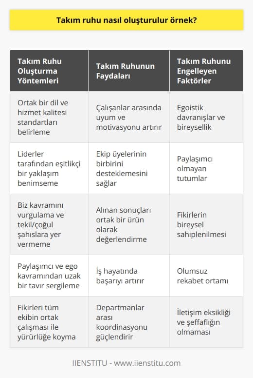 Takım Ruhu ve Başarı İlişkisi  İş hayatında başarılı olmada etkisi olan en önemli konu, uyum ve mutluluktur. Özellikle çok çalışanlı kurumlarda herkesin isteğine göre hareket etmek mümkün değildir. Bu nedenle, her iş alanı departmanlara ayrılarak ekipler oluşturulur ve bu ekiplerde takım ruhu bilinciyle hizmet verilmesi amaçlanır.  Etkili Takım Ruhu Nasıl Oluşturulur?  Takım ruhunun oluşmasında liderler büyük rol oynamaktadır. Liderler, kendi takımlarının çalışma planlarını hem mesleki kurallar, hem de şahsi tecrübelerden yola çıkarak, personelin kullanabileceği ortak bir dil ve hizmet kalitesini artırmayı amaçlar. Özellikle GSM operatörü şirketlerinde, takım ruhunun ve ortak çalışma biçiminin profesyonel bir şekilde uygulandığı görülmektedir.  Farklı Departmanlarda Takım Ruhu Oluşturma  Bir GSM şirketinde, Destek Merkezi, Kurulum Ekibi, Eğitmen Kadrosu, İnternet Hizmetleri, Telefon Hizmetleri, vb. birçok departmanda ekipler halinde çalışılmakta ve belirli standartlarda hizmet verilmektedir. Bu standartlar ekip çalışmasında takım ruhunu destekleyici nitelikte olan etik ilkeler çerçevesinde düzenlenir ve onaylanır.  Takım Ruhunun Mihenk Taşı: Uyum ve Motivasyon  Ekip çalışmasında başarılı olmak için psikolojik uyum, zihinsel ve fiziksel anlamda pozitif katılım göstermek çok önemlidir. Takım liderlerinin eşitlikçi bir yaklaşıma sahip olması ve ekip üyelerinin birbirini teşvik eden kişilerden oluşması motivasyonu olumlu yönde etkilemektedir. Ekip çalışmasında takım ruhunun temel unsuru biz kavramıdır ve diğer tekil ve çoğul şahıslara yer yoktur.  Ekip Çalışmasında Takım Ruhunu Taşımak  Takım ruhunu taşıyabilmek için, paylaşımcı ve ego kavramından uzak bir tavırda olunması gerekmektedir. Alınan olumlu ya da olumsuz her sonuç, ekip çalışmasında takım ruhunun ortak bir ürünü olarak değerlendirilir. Fikirler ise tüm ekibin ortak çalışması ile yürürlüğe girer ve fikir sahibinin biz algısını sürdürmesi gerekir.  Sonuç olarak, takım ruhunun oluşması iş hayatındaki başarının önemli bir unsuru olarak gözükürken, bu ruhu taşımak için liderlere ve ekip üyelerine büyük görevler düşmektedir. Eğer takım çalışmasında uyum ve motivasyon sağlanabilirse, başarı doğal olarak gelecektir.