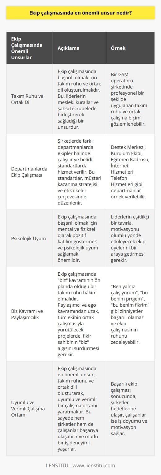 Ekip Çalışmasında Önemli Unsur: Takım Ruhu ve Ortak Dil  İş hayatında başarılı olmanın en önemli unsuru uyum ve mutluluktur. Özellikle çok çalışanlı kurumlarda, herkesin isteğine göre hareket etmek mümkün olmadığından, departmanlara ayrılır ve ekip çalışması önem kazanır. Bu durumda, ekip çalışmasında en önemli unsur takım ruhu ve ortak dilin oluşturulmasıdır.   Takım Ruhu ve Ortak Dil Oluşturma  Ekip çalışmasında takım ruhunun oluşturulmasında liderler büyük rol oynar. Liderler, çalışma planlarını hem mesleki kurallar hem de şahsi tecrübelerle birleştirerek ortak bir dil oluştururlar. Bu ortak dil, hizmet alan kitlenin güven duymasında etkin bir rol oynar. Örneğin, bir GSM operatörü şirketinde profesyonel bir şekilde uygulanan takım ruhu ve ortak çalışma biçimi gözlemlenebilir.  Departmanlarda Ekip Çalışması  Bir şirkette, Destek Merkezi, Kurulum Ekibi, Eğitmen Kadrosu, İnternet Hizmetleri, Telefon Hizmetleri gibi birçok departmanda ekipler halinde çalışılır ve belirli standartlarda hizmet verilir. Bu standartlar, hem müşteri kazanma stratejisi hem de ekip çalışmasında takım ruhunu destekleyici etik ilkeler çerçevesinde düzenlenir ve onaylanır.  Ekip Çalışması ve Psikolojik Uyum  Ekip çalışmasında başarılı olmak için, hem mental hem de fiziksel olarak pozitif katılım göstermek ve psikolojik uyum sağlamak oldukça önemlidir. Liderlerin eşitlikçi bir tavırla, motivasyonu olumlu yönde etkileyecek ekip üyelerini bir araya getirmesi gerekir.  Biz Kavramı ve Paylaşımcılık  Ekip çalışmasında, biz kavramının ön planda olduğu bir takım ruhu hâkim olmalıdır. Paylaşımcı ve ego kavramından uzak, tüm ekibin ortak çalışmasıyla yürütülecek projelerde, fikir sahibinin biz algısını sürdürmesi gerekir. Ben yalnız çalışıyorum, bu benim projem, bu benim fikrim gibi zihniyetler başarılı olamaz ve ekip çalışmasının ruhunu zedeleyebilir.  Sonuç olarak, ekip çalışmasında en önemli unsur, takım ruhunu ve ortak dili oluşturarak, uyumlu ve verimli bir çalışma ortamı yaratmaktır. Bu sayede hem şirketler hem de çalışanlar başarıya ulaşabilir ve mutlu bir iş deneyimi yaşarlar.