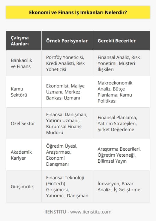 Ekonomi ve Finans bölümü mezunlarının çok fazla alanda çalışma imkanı vardır. Bu alanda eğitim almış profesyonellere her alanda ihtiyaç vardır. Bölüm mezunları, kamu ve özel sektörde yöneticilik yapabilir ve birçok sektörde çalışabilirler. 