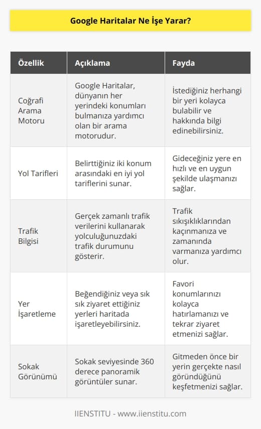 Google Haritalar, içinde yaşadığımız dünya ve bulunduğumuz çevre için bir coğrafi arama motorudur. Google Haritalar, özellikle hiç görmediğimiz mekânlar, bu mekanlara giden yollar, bu yollardaki trafik durumu, alternatif gidiş yolları, mesafe ve ulaşım süreleri vb. gibi ihtiyacımız olan birçok yeni bilgiye kolayca erişmek için geliştirilen harika bir araçtır. Tıpkı internet   nda olduğu gibi, anahtar kelime kullanarak aramanızı yaparsınız ve önünüzdeki haritada işaretlenmiş olarak aradığınız konumu görürsünüz.