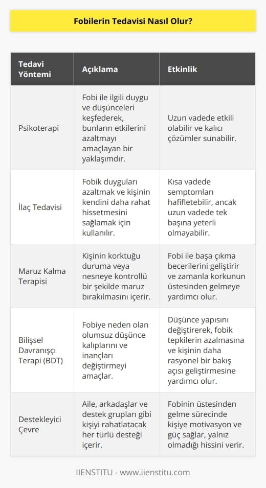 Fobilerin tedavisi, kişinin durumuna göre değişmektedir. İlk olarak, bir terapist ile görüşmek önemlidir. Terapist, fobi ile ilgili tüm detayları öğrenecek ve size uygun olan bir tedavi planı sunacaktır. Tedavi, psikoterapi veya ilaçlar şeklinde olabilir. Psikoterapi, fobi ile ilgili duygularınızı ve düşüncelerinizi keşfetmek ve bunların etkilerini azaltmak için kullanılan bir yaklaşımdır. İlaçlar da, fobik duygularınızı azaltmak ve sizi daha rahat hissetmenizi sağlamak için kullanılabilir. Fobilerin daha uzun vadede tedavi edilmesi için, sizi bireysel olarak rahatlatacak her türlü desteği aramak önemlidir.