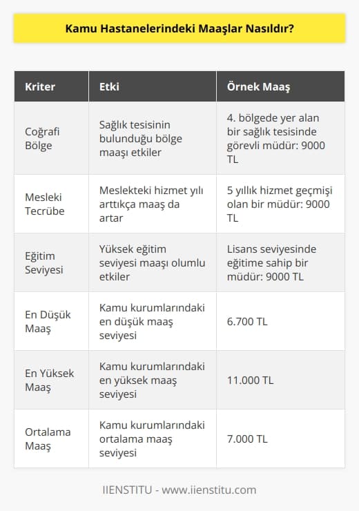 Kamu kurumundaki maaşlar, sağlık tesisinin bulunduğu coğrafi bölge, meslekteki tecrübe yılı, eğitim seviyesi gibi kriterler maaş alımlarını değiştirmektedir. Örneğin 4. bölgede yer alan bir sağlık tesisinde görevli müdürün, 5 yıllık bir hizmet geçmişi ve lisans seviyesin de bir eğitime sahip olması durumunda alabileceği maaş 9000 TL civarındadır. Kamu kurumundaki en düşük maaş 6.700 TL, en yüksek 11.000 TL ortalama ise 7.000 TL sevilerinde maaş almaktadırlar.