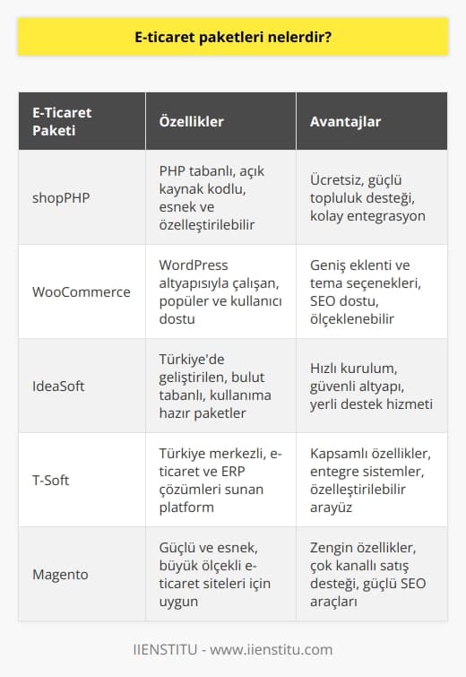 Bu paketler arasında en çok beğenilenleri arasında shopPHP paketi vardır.  Bunun yanı sıra WooCommerce ve İdeaSoft bilinen e-ticaret paketlerindendir. En son örnek olarak da T-Soft sayılabilir.