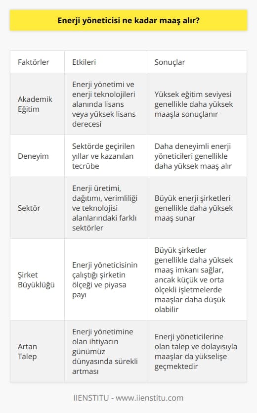 ları  Günümüz dünyasında enerjiye olan ihtiyaç sonsuzdur ve enerji yönetiminin önemi her geçen gün artmaktadır. Bu durumda, enerji yöneticilerinin maaşları ne kadar olmaktadır? Enerji yönetimi alanında çalışan profesyonellerin maaşları, deneyim, eğitim düzeyi, sektör ve çalıştıkları şirketin büyüklüğü gibi faktörlere bağlı olarak değişiklik göstermektedir.   Enerji Yöneticisi Ne İş Yapar?  Enerji yöneticileri, enerji üretimi ve kullanımı sürecinde ortaya çıkan sorunları belirleyebilen ve çözümler üretebilen nitelikli elemanlardır. Enerji yönetimi bölümü, enerji üretimi ve kullanımında verimliliği arttırma yolları üzerine çalışmalar ve incelemeler yapan bir alandır. Enerji yöneticileri, çevresel koşullardan ödün vermeden enerji kaynaklarının ve enerjinin verimli kullanılmasını sağlayan planlama, izleme, etüt ve uygulama faaliyetlerini yürütürler.  Akademik Eğitim ve Deneyim Faktörleri  Enerji yöneticisi olmak için alınması gereken akademik eğitim, enerji yönetimi ve enerji teknolojileri alanında lisans veya yüksek lisans derecesi olmalıdır. Bu alanda çalışan profesyonellerin maaşı, aldıkları eğitim ve deneyim seviyelerine göre değişkenlik gösterebilir. Yeni mezun ve az deneyimli enerji yöneticileri, bu sektörde çalışan daha deneyimli ve yüksek eğitim düzeyine sahip olan meslektaşlarına göre genellikle daha düşük maaş almaktadır.  Sektör ve Şirket Faktörleri  Enerji yöneticisinin çalıştığı sektör ve şirketin büyüklüğü de maaşlar üzerinde etkili olmaktadır. Özellikle enerji üretimi ve dağıtımı, verimliliği ve teknolojisi alanında faaliyet gösteren büyük şirketlerde enerji yöneticileri daha yüksek maaş alabilirler. Bununla birlikte, devlet sektöründe veya küçük ve orta ölçekli işletmelerde çalışan enerji yöneticilerinin maaşları ise görece daha düşük olabilir.  Sonuç  Enerji yönetimi sektöründe enerji yöneticisi olarak çalışan profesyonellerin maaşları, bir dizi faktöre bağlı olarak değişiklik göstermektedir. Akademik eğitim, deneyim, sektör ve şirketin büyüklüğü enerji yöneticilerinin maaş seviyelerinde önemli bir rol oynamaktadır. Enerji yönetimi alanının öneminin giderek arttığı günümüz dünyasında, enerji yöneticilerine olan talep ve bu alanda elde edilebilecek maaşlar da sürekli olarak yükselişe geçmektedir.