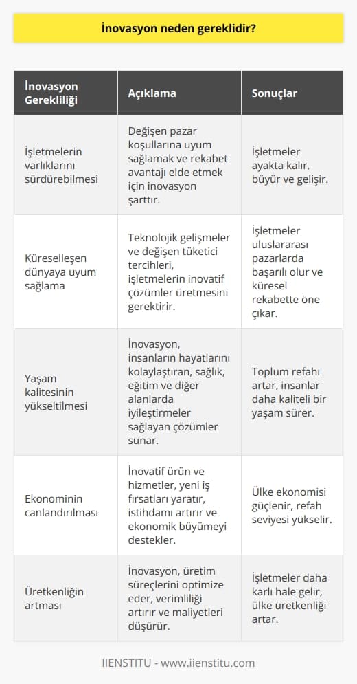 İşletmelerin varlıklarını sürdürebilmeleri ve küreselleşen dünyaya uyum sağlamaları için inovasyon gereklidir. Yaşam kalitesini yükseltmek ve ekonomiyi canlandırmak için gereklidir. Toplum refahının sağlanması ve üretkenliğin artması için de inovasyon gereklidir.